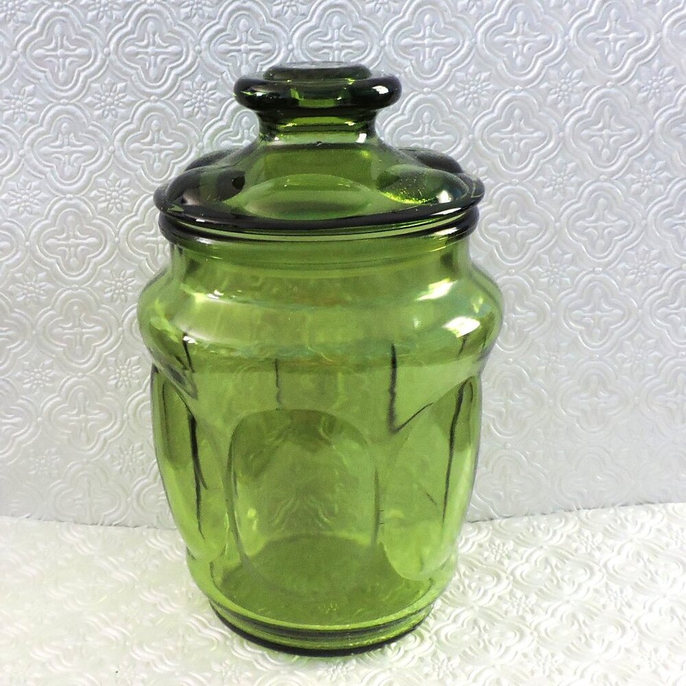 Vintage LE Smith Green Glass Bubble Cannister Home Decor Storage Sealed Lid
